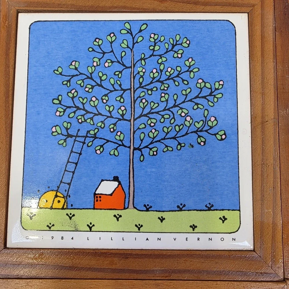 1984 Vtg Lillian Vernon Framed Tile Coasters Trivets Seasons Wall Decor Set Of 4
